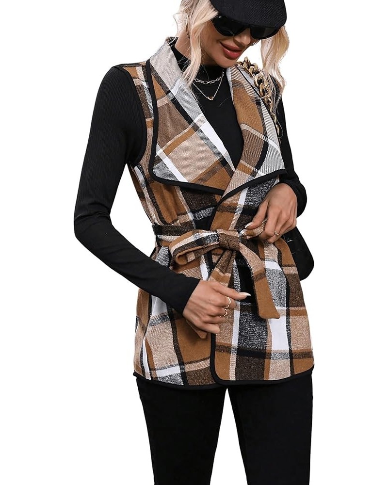 Women's 2 Piece Outfit Plaid Belted Sleeveless Vest Cardigan Blazer Jacket and Mock Neck Tee Top Set Brown $19.88 Suits