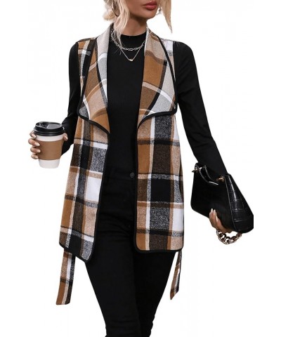 Women's 2 Piece Outfit Plaid Belted Sleeveless Vest Cardigan Blazer Jacket and Mock Neck Tee Top Set Brown $19.88 Suits