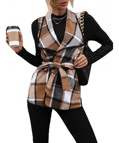 Women's 2 Piece Outfit Plaid Belted Sleeveless Vest Cardigan Blazer Jacket and Mock Neck Tee Top Set Brown $19.88 Suits