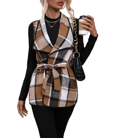 Women's 2 Piece Outfit Plaid Belted Sleeveless Vest Cardigan Blazer Jacket and Mock Neck Tee Top Set Brown $19.88 Suits