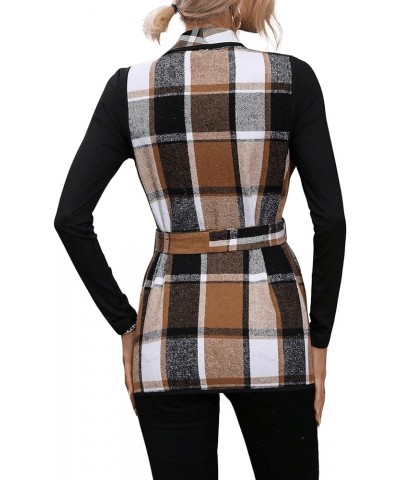 Women's 2 Piece Outfit Plaid Belted Sleeveless Vest Cardigan Blazer Jacket and Mock Neck Tee Top Set Brown $19.88 Suits