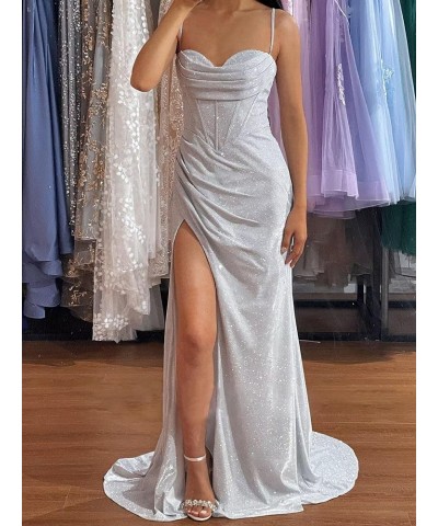 Sparkly Mermaid Prom Dresses with Slit 2024 Long Sequin Spaghetti Strap V Neck Formal Gown for Women Evening Gold $40.32 Dresses