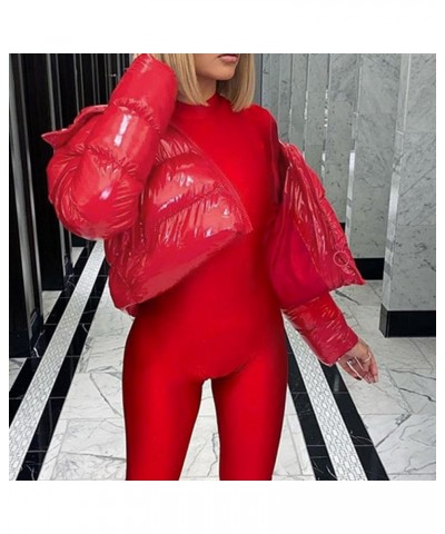 Women's Winter Puffer Jacket Cropped Full-Zip Long Sleeve Pocketed Warm Quilted Padded Crop Bubble Coat 3 Red $15.99 Jackets