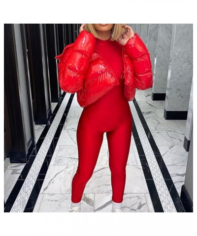 Women's Winter Puffer Jacket Cropped Full-Zip Long Sleeve Pocketed Warm Quilted Padded Crop Bubble Coat 3 Red $15.99 Jackets