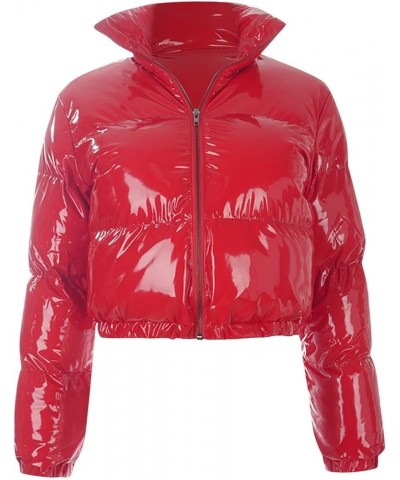 Women's Winter Puffer Jacket Cropped Full-Zip Long Sleeve Pocketed Warm Quilted Padded Crop Bubble Coat 3 Red $15.99 Jackets