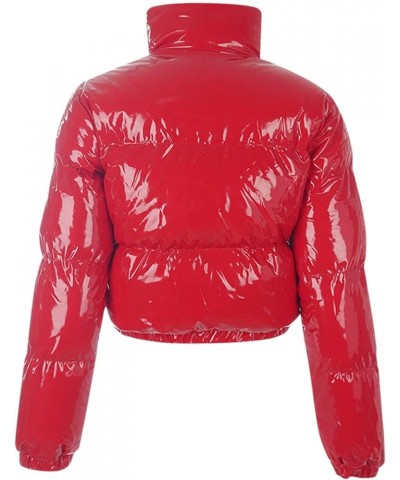 Women's Winter Puffer Jacket Cropped Full-Zip Long Sleeve Pocketed Warm Quilted Padded Crop Bubble Coat 3 Red $15.99 Jackets