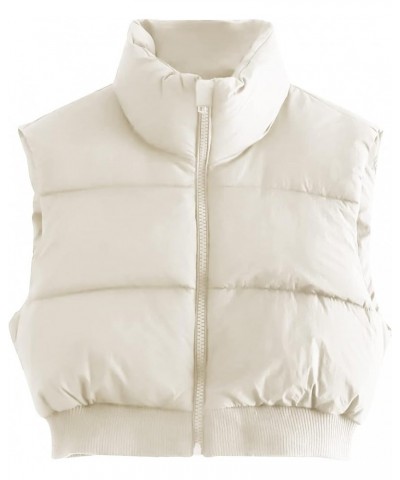 Women's Cropped Puffer Vest Sleeveless Puffer Jacket Padded Gilet Outerwear Winter Full Zip Lightweight Coat Beige $19.60 Vests