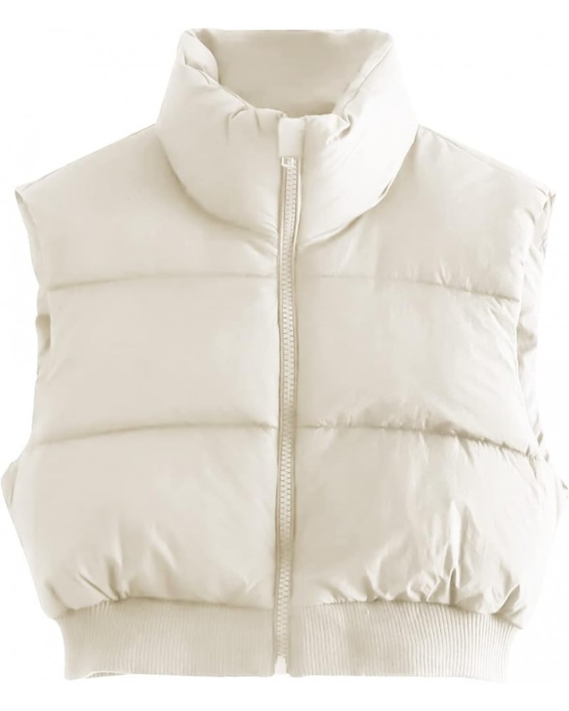 Women's Cropped Puffer Vest Sleeveless Puffer Jacket Padded Gilet Outerwear Winter Full Zip Lightweight Coat Beige $19.60 Vests