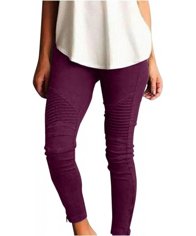 Womens Cotton Jeggings for Women High Waisted Stretch Skinny Moto Biker Leggings Pleated Slim Pull-On Pencil Pants Purple $11...