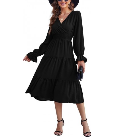 Women's Casual Wrap V Neck Midi Dress Long Sleeve Smocked Waist Tiered A Line Pleated Flowy Long Dress Black $23.09 Dresses