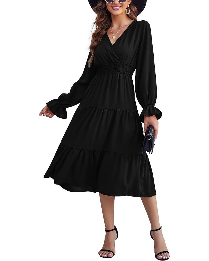 Women's Casual Wrap V Neck Midi Dress Long Sleeve Smocked Waist Tiered A Line Pleated Flowy Long Dress Black $23.09 Dresses