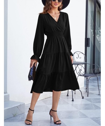 Women's Casual Wrap V Neck Midi Dress Long Sleeve Smocked Waist Tiered A Line Pleated Flowy Long Dress Black $23.09 Dresses