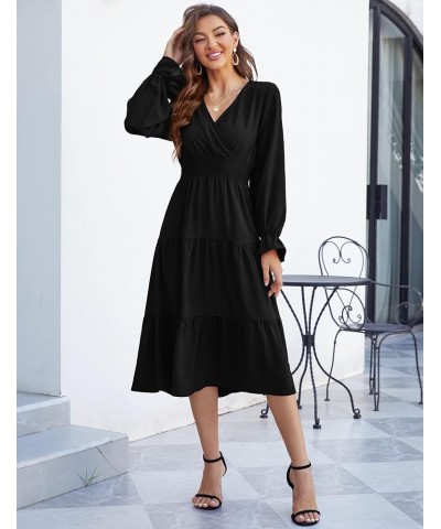 Women's Casual Wrap V Neck Midi Dress Long Sleeve Smocked Waist Tiered A Line Pleated Flowy Long Dress Black $23.09 Dresses