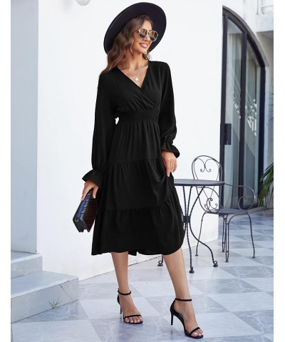 Women's Casual Wrap V Neck Midi Dress Long Sleeve Smocked Waist Tiered A Line Pleated Flowy Long Dress Black $23.09 Dresses