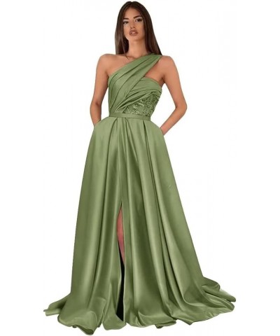 One Shoulder Prom Dresses for Women 2024 Long Slit Satin Ball Gown Formal Evening Gowns with Pockets Sage $38.22 Dresses