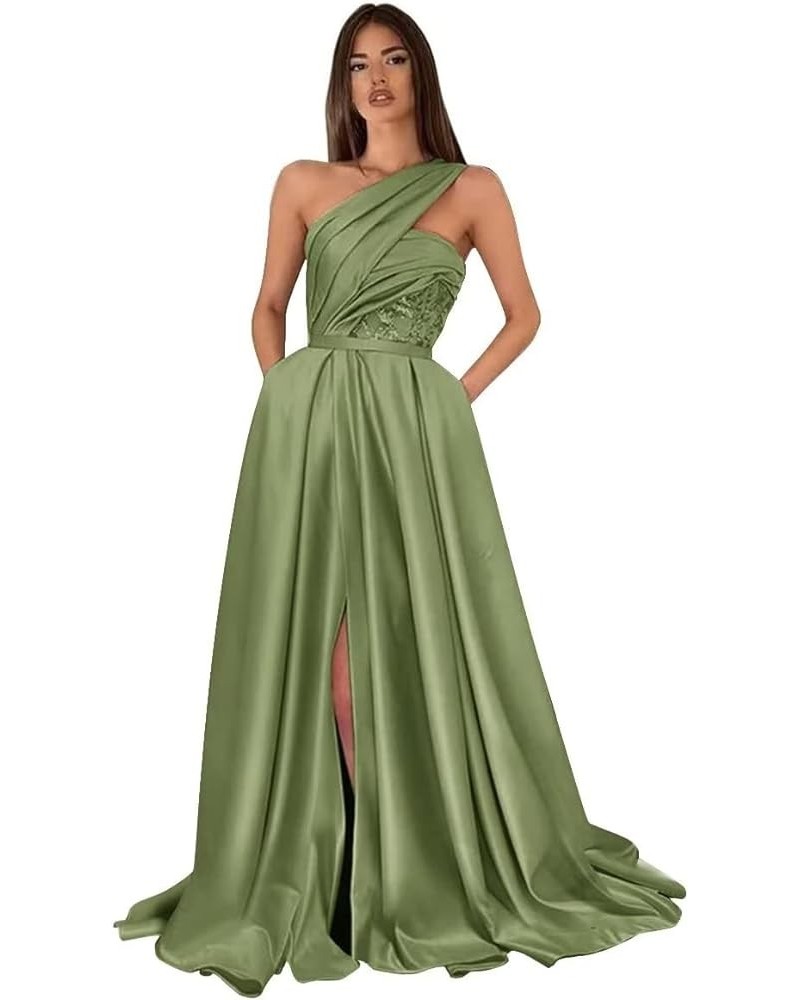 One Shoulder Prom Dresses for Women 2024 Long Slit Satin Ball Gown Formal Evening Gowns with Pockets Sage $38.22 Dresses