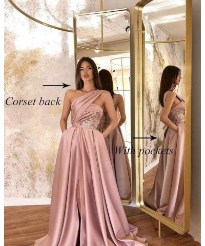 One Shoulder Prom Dresses for Women 2024 Long Slit Satin Ball Gown Formal Evening Gowns with Pockets Sage $38.22 Dresses