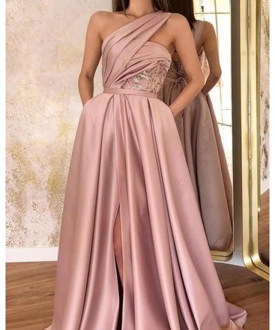 One Shoulder Prom Dresses for Women 2024 Long Slit Satin Ball Gown Formal Evening Gowns with Pockets Sage $38.22 Dresses