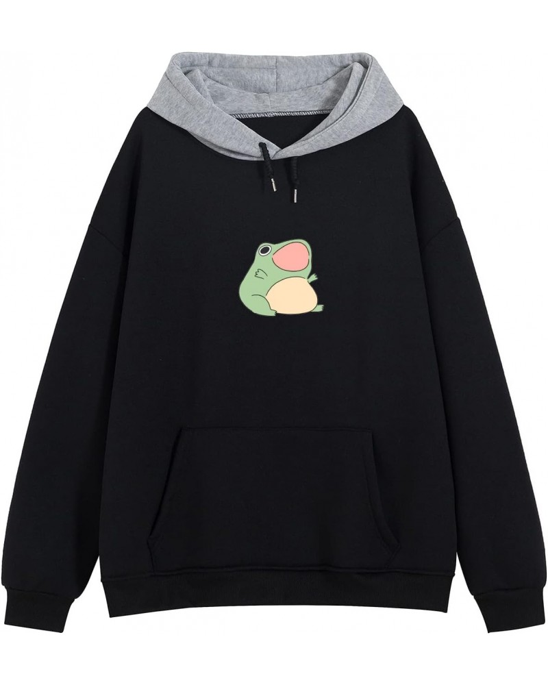 Women's Cute Frog Sweatshirt Kawaii Patchwork Hoodie for Teen Girls Aesthetic Cottagecore Clothes Feminino Hoodies (Black,M,M...