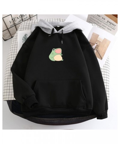 Women's Cute Frog Sweatshirt Kawaii Patchwork Hoodie for Teen Girls Aesthetic Cottagecore Clothes Feminino Hoodies (Black,M,M...