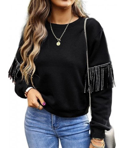 Women's 2023 Fashion Oversized Sweatshirt Crewneck Long Sleeve Fringe Trim Tassel Shirt Pullover Tops Black $15.89 Hoodies & ...