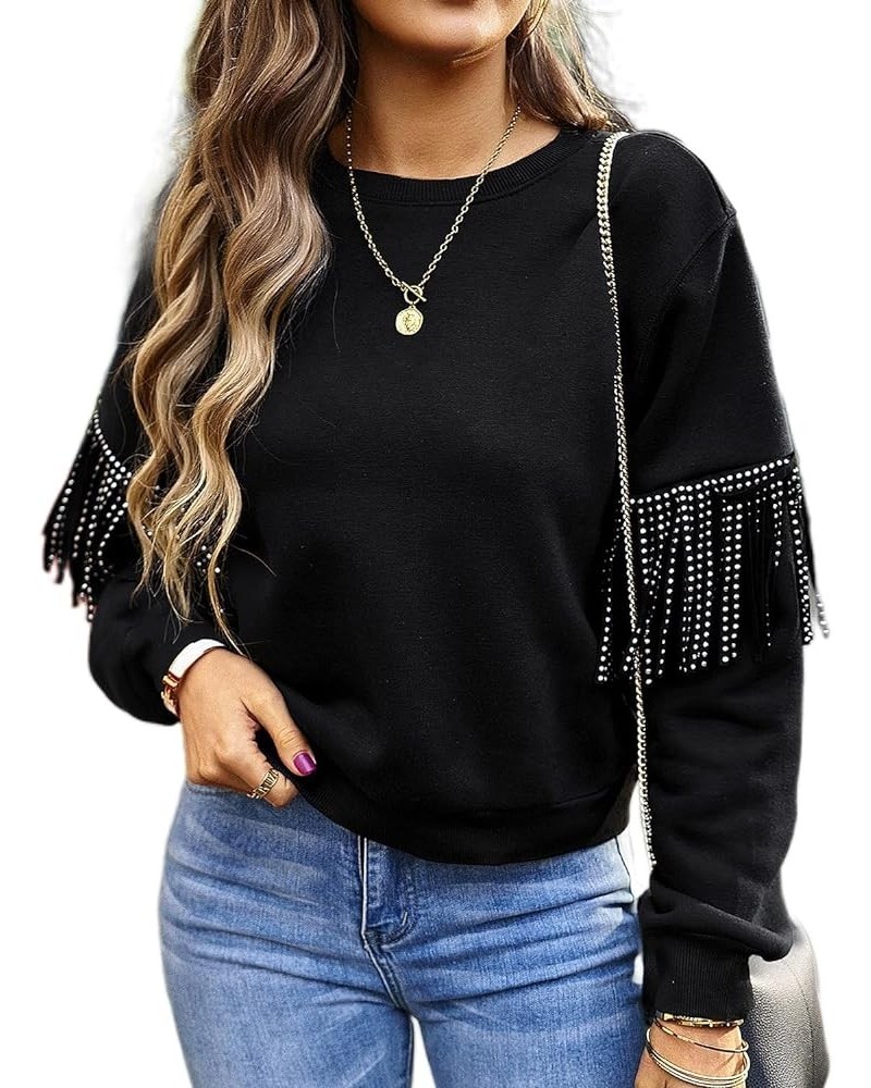 Women's 2023 Fashion Oversized Sweatshirt Crewneck Long Sleeve Fringe Trim Tassel Shirt Pullover Tops Black $15.89 Hoodies & ...