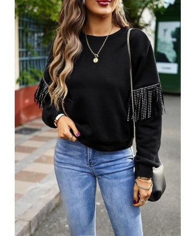 Women's 2023 Fashion Oversized Sweatshirt Crewneck Long Sleeve Fringe Trim Tassel Shirt Pullover Tops Black $15.89 Hoodies & ...