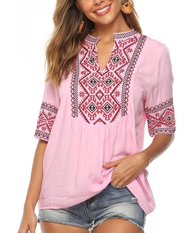 Women's Summer V Neck Boho Embroidered Mexican Shirts Short Sleeve Casual Tops Blouse Pink $21.93 Blouses