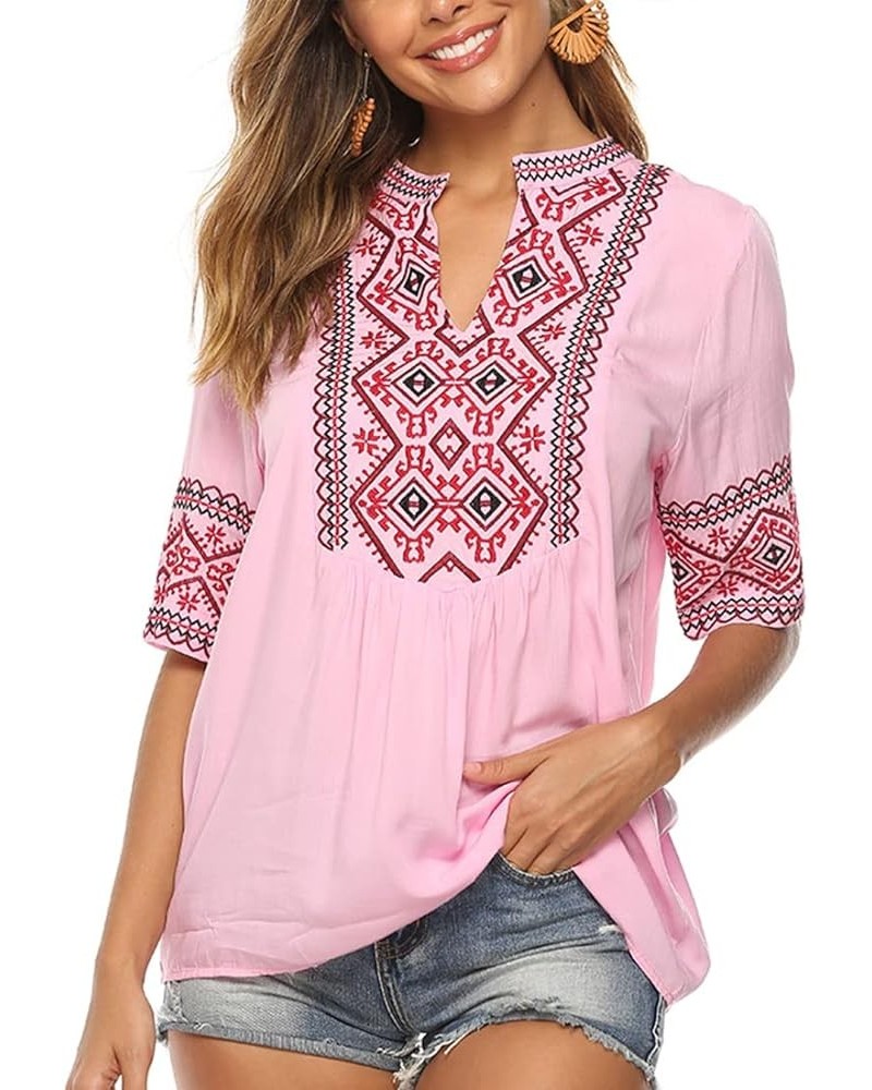 Women's Summer V Neck Boho Embroidered Mexican Shirts Short Sleeve Casual Tops Blouse Pink $21.93 Blouses