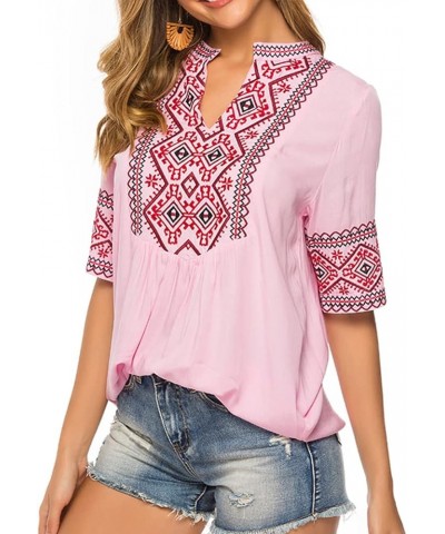 Women's Summer V Neck Boho Embroidered Mexican Shirts Short Sleeve Casual Tops Blouse Pink $21.93 Blouses