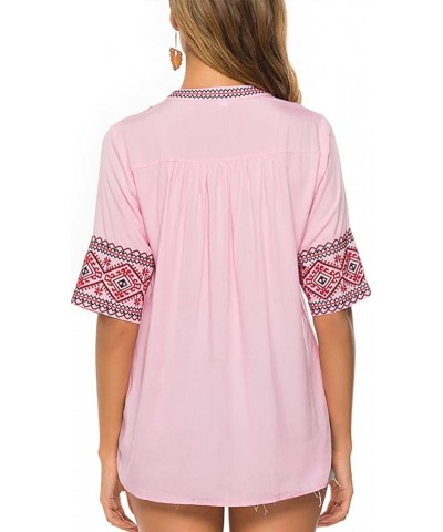 Women's Summer V Neck Boho Embroidered Mexican Shirts Short Sleeve Casual Tops Blouse Pink $21.93 Blouses