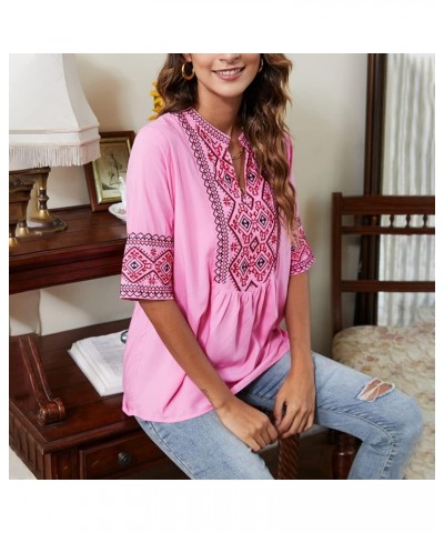 Women's Summer V Neck Boho Embroidered Mexican Shirts Short Sleeve Casual Tops Blouse Pink $21.93 Blouses