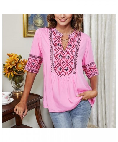 Women's Summer V Neck Boho Embroidered Mexican Shirts Short Sleeve Casual Tops Blouse Pink $21.93 Blouses