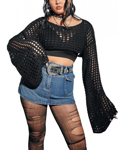 Women's Punk Plus Size Hollow Out Flounce Sleeve Sweater Boat Neck Long Sleeve Sheer Pullover Without Bra Black $6.23 Sweaters