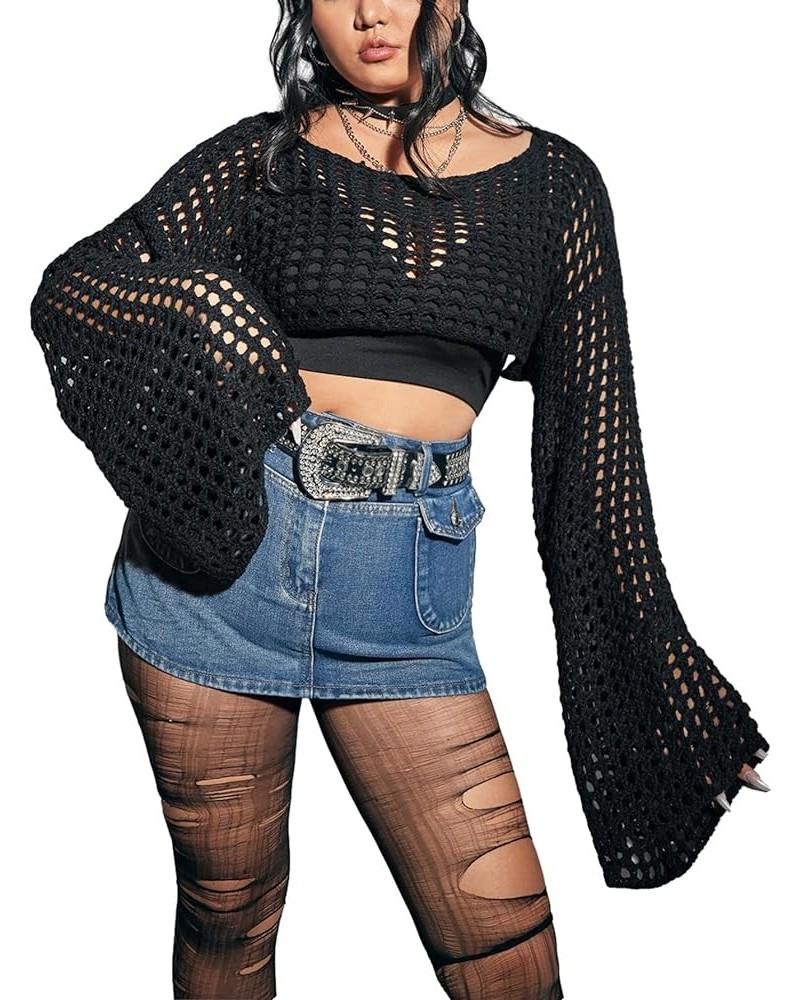 Women's Punk Plus Size Hollow Out Flounce Sleeve Sweater Boat Neck Long Sleeve Sheer Pullover Without Bra Black $6.23 Sweaters