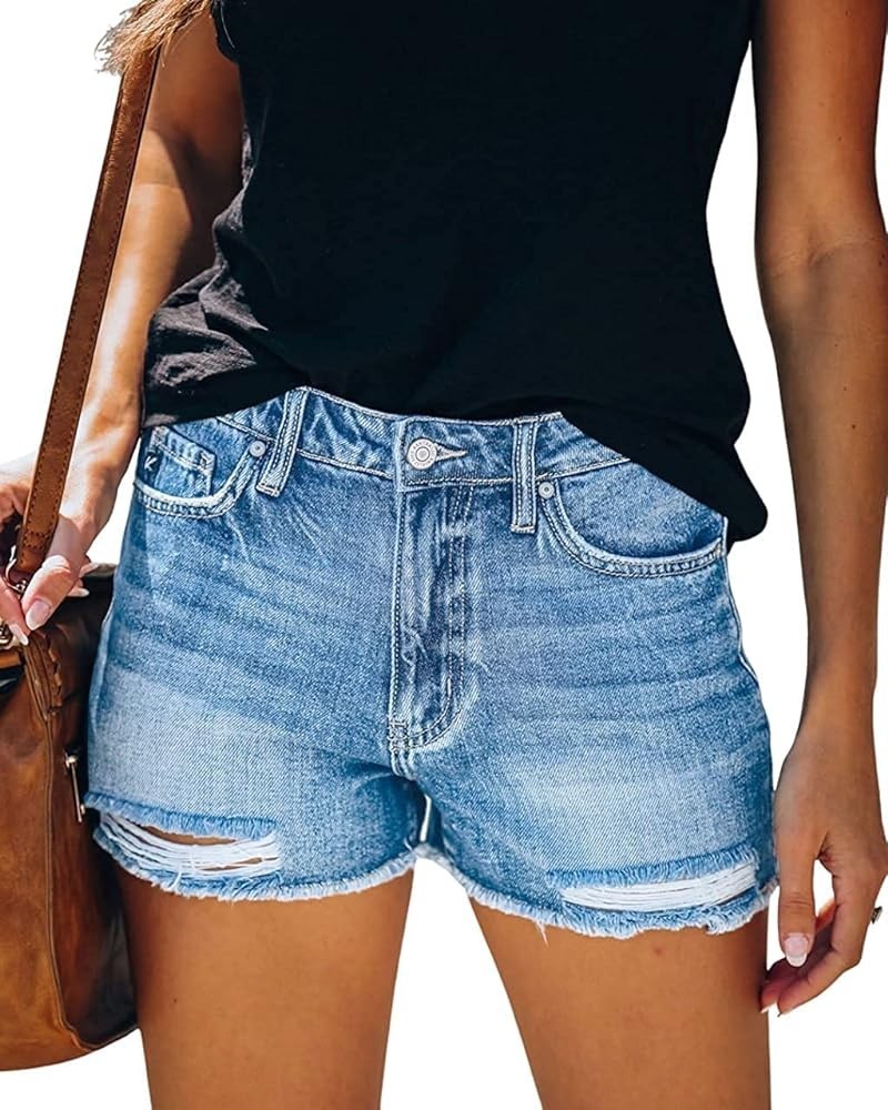 Women Mid Rise Ripped Stretchy Jeans Shorts Frayed Raw Hem Casual Denim Shorts 13-light Blue1 $18.89 Shorts