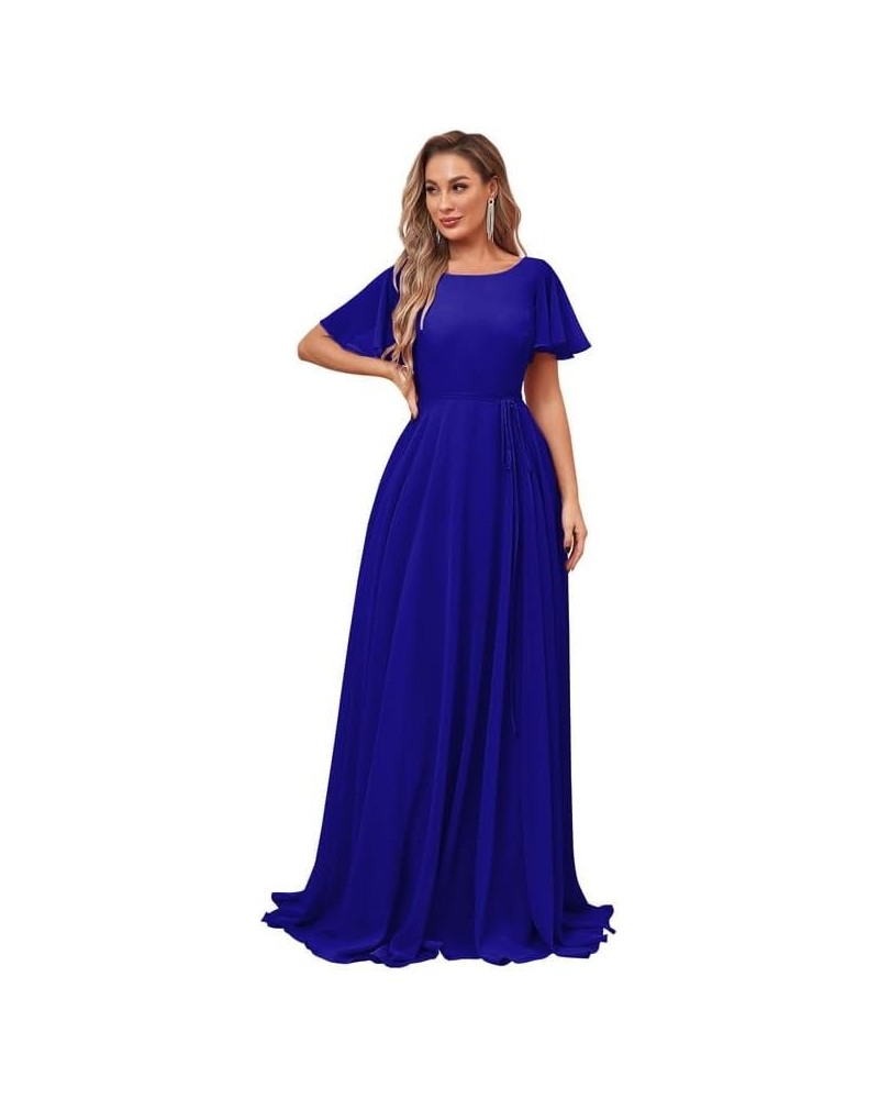 Women's Short Sleeve Bridesmaid Dresses Chiffon Formal Evening Party Gown Royal Blue $42.29 Dresses