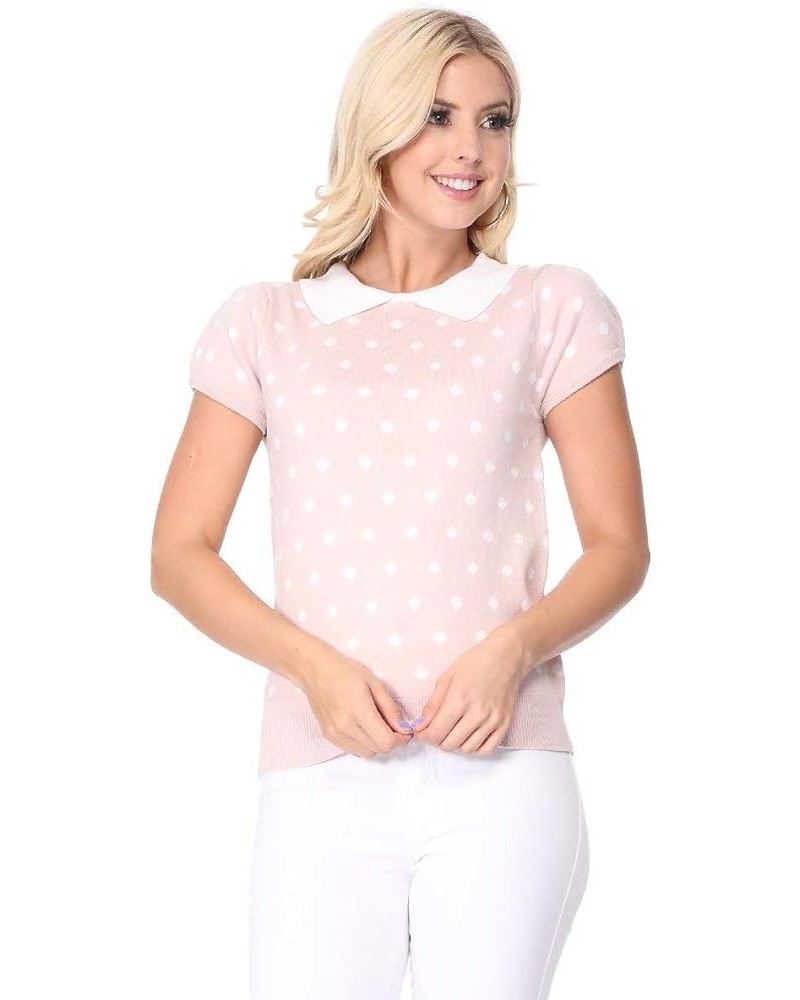 Women's Knit Sweater Top – Short Sleeve Polka Dot Contrast Collar Puff Shoulder Classic Casual Knitted Pullover Blush / Ivory...