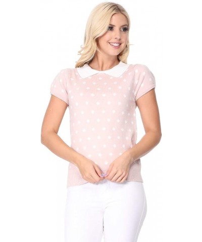 Women's Knit Sweater Top – Short Sleeve Polka Dot Contrast Collar Puff Shoulder Classic Casual Knitted Pullover Blush / Ivory...