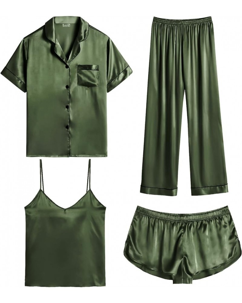 Womens 4pcs Pajamas Sets Silk Satin Sleepwear Sexy Cami with Button Down Short Sleeve Shirt Pjs Loungewear A-olive Green $16....