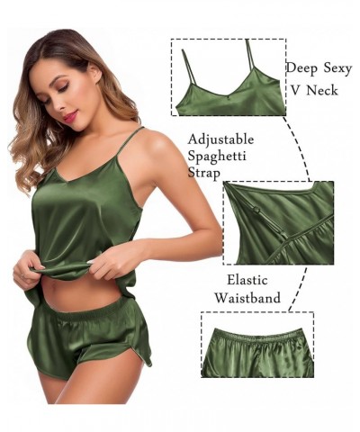 Womens 4pcs Pajamas Sets Silk Satin Sleepwear Sexy Cami with Button Down Short Sleeve Shirt Pjs Loungewear A-olive Green $16....