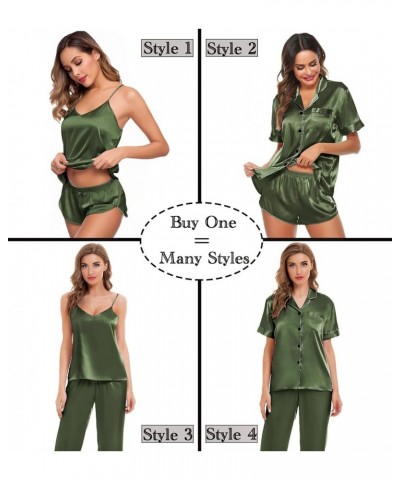 Womens 4pcs Pajamas Sets Silk Satin Sleepwear Sexy Cami with Button Down Short Sleeve Shirt Pjs Loungewear A-olive Green $16....