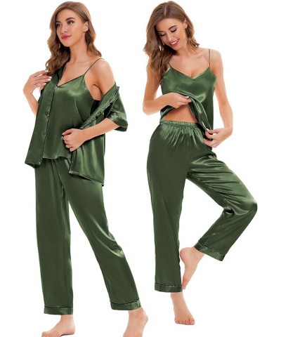 Womens 4pcs Pajamas Sets Silk Satin Sleepwear Sexy Cami with Button Down Short Sleeve Shirt Pjs Loungewear A-olive Green $16....