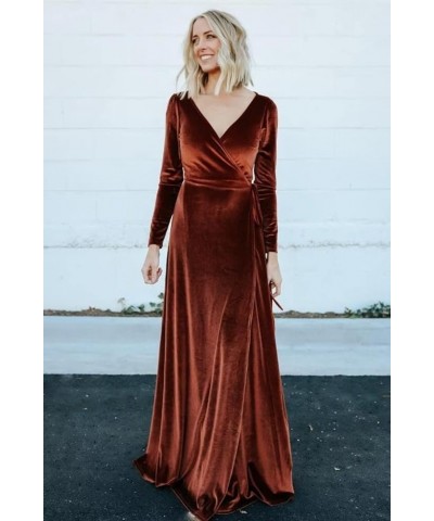 Long Sleeve Velvet Bridesmaid Dresses for Wedding Wrap Maxi V Neck Slit Formal Evening Party Gown for Women Full Back-rust $3...