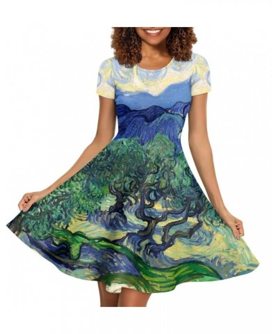 Women's Summer Van Gogh Art 3D Print Crewneck Short Sleeve T-Shirt Swing Dress Olive Trees $12.82 Dresses