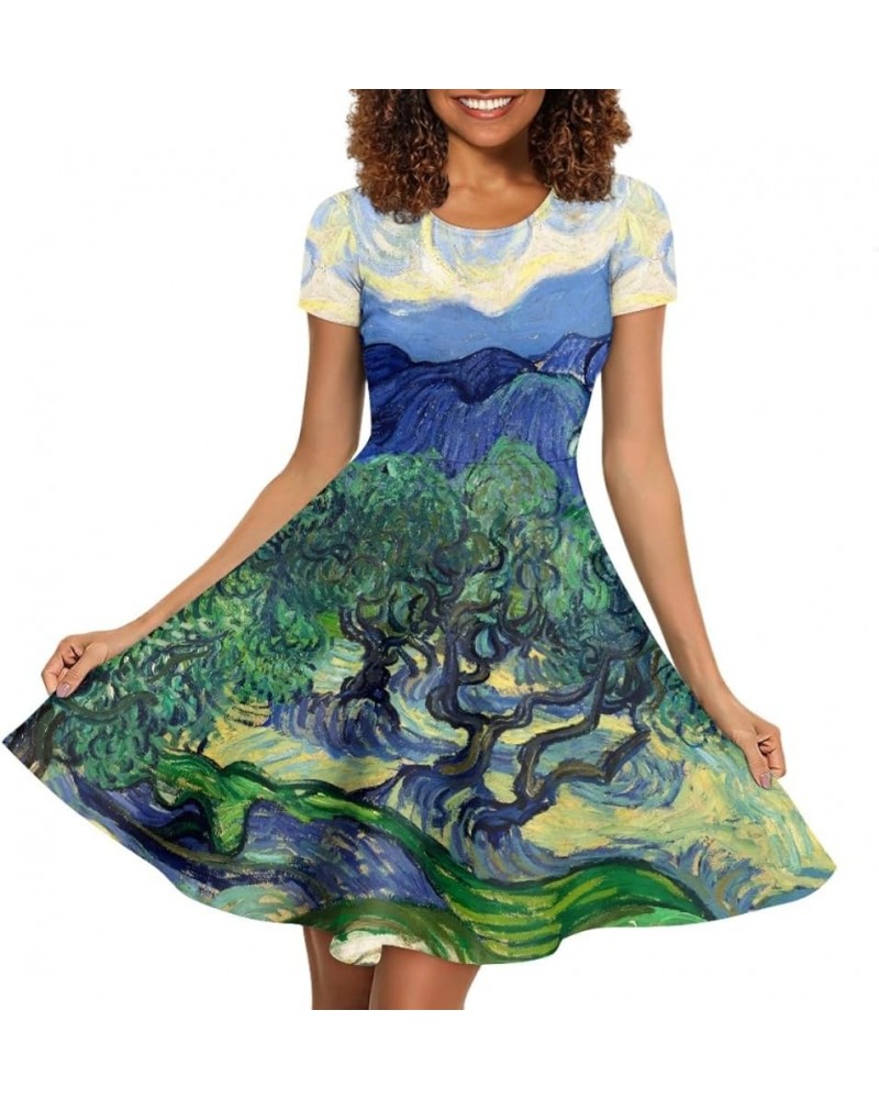 Women's Summer Van Gogh Art 3D Print Crewneck Short Sleeve T-Shirt Swing Dress Olive Trees $12.82 Dresses