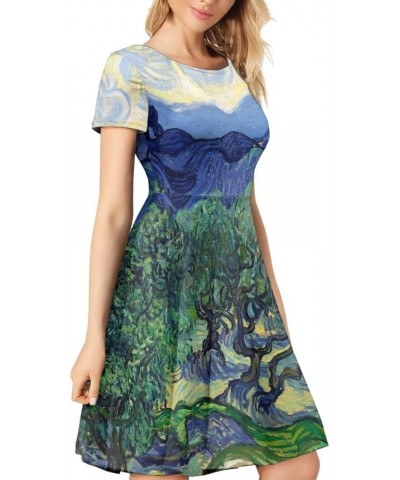 Women's Summer Van Gogh Art 3D Print Crewneck Short Sleeve T-Shirt Swing Dress Olive Trees $12.82 Dresses