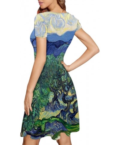 Women's Summer Van Gogh Art 3D Print Crewneck Short Sleeve T-Shirt Swing Dress Olive Trees $12.82 Dresses