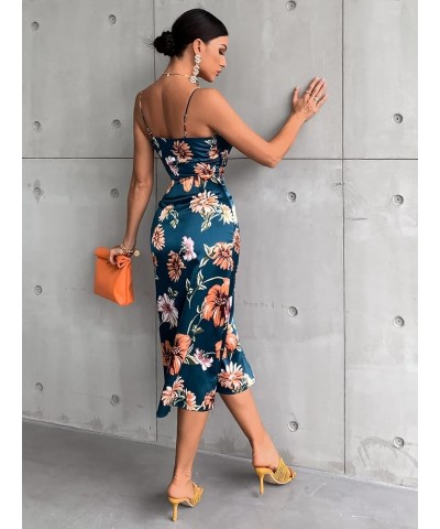 Women's Cowl Neck Spaghetti Strap Floral Print Split Thigh Midi Dress Dark Blue $22.00 Dresses