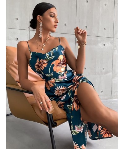 Women's Cowl Neck Spaghetti Strap Floral Print Split Thigh Midi Dress Dark Blue $22.00 Dresses